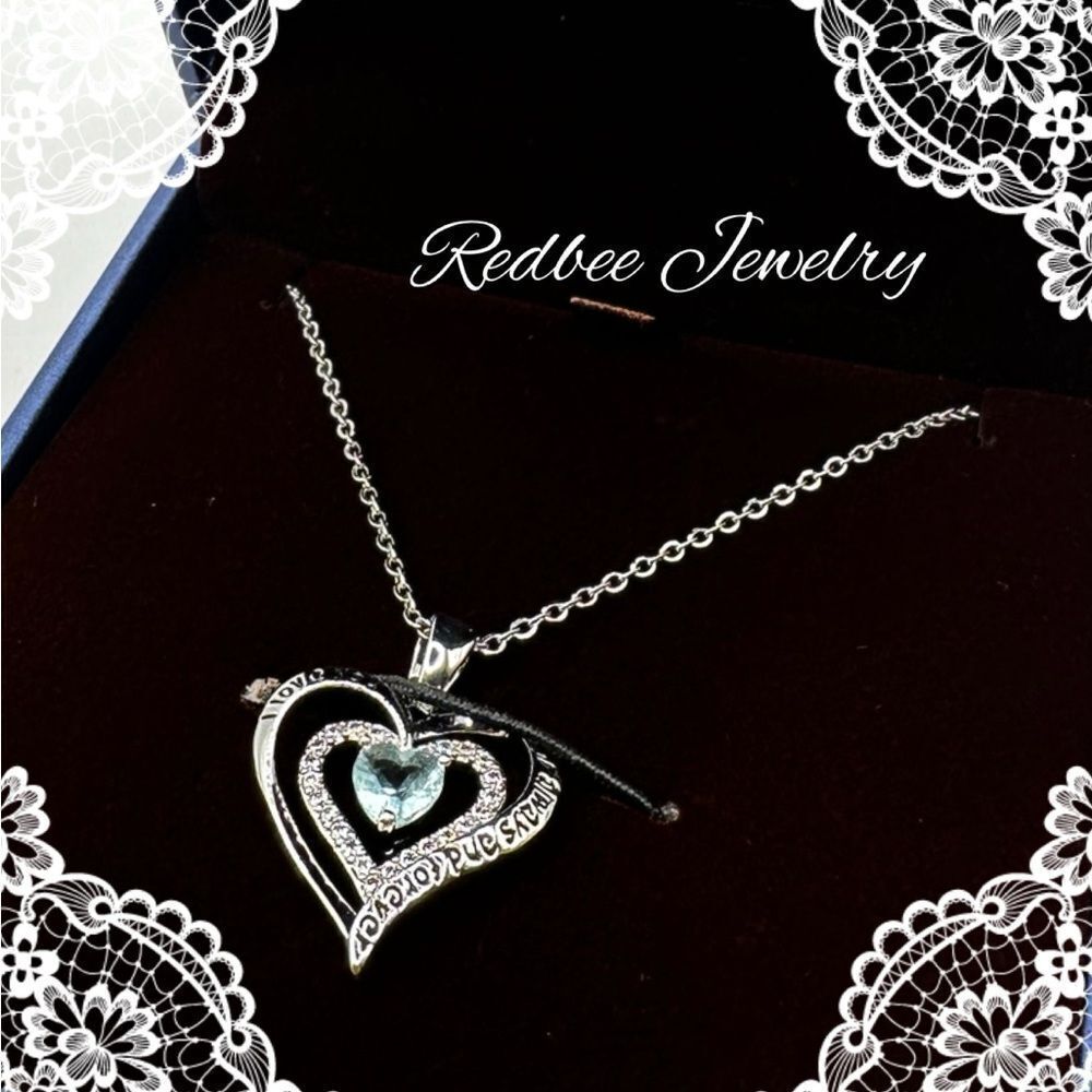 NIB Redbee 18kt GP,  white gold over s925,‎ "aquamarine" heart CZ necklace!